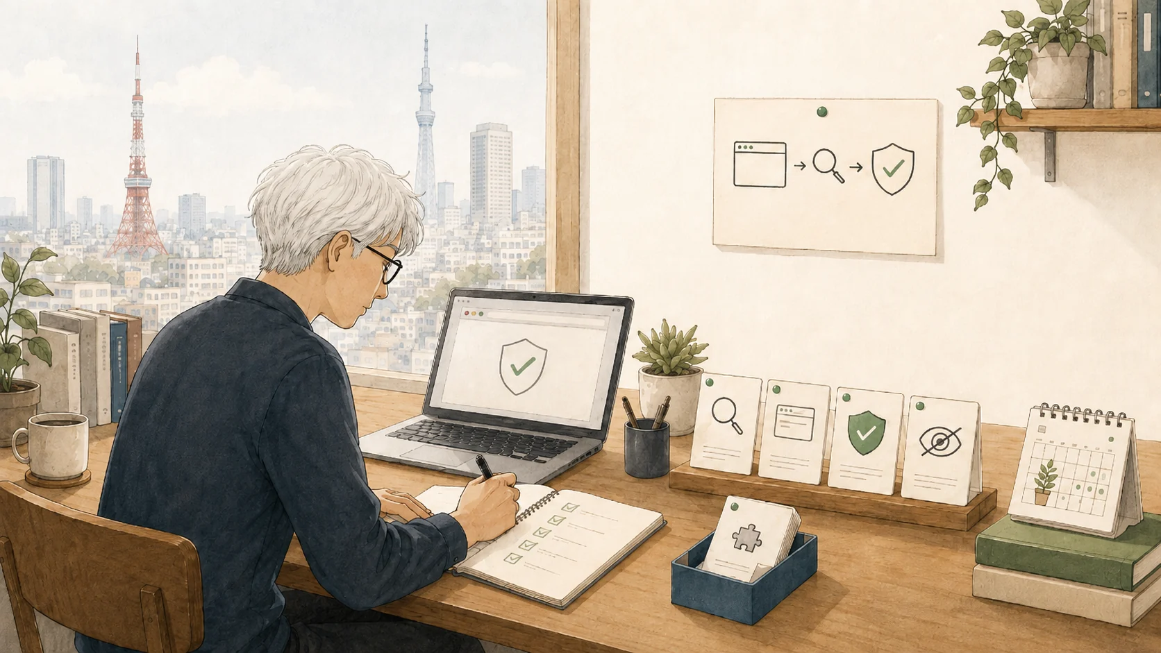 窓辺の机に向かう白髪に眼鏡の人の水彩画。ノートPCを見ながら、手元のノートに確認する項目を書き出している。窓の外には東京タワーと東京スカイツリーの見える街並みが広がり、机の上には確認の観点を一つずつ書いた小さなカードが並んでいる。
