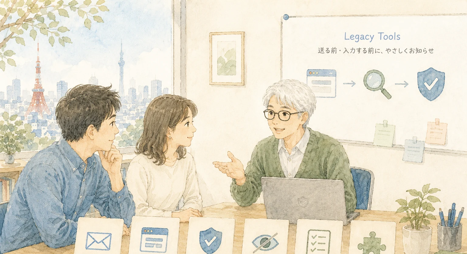 明るい部屋の机で、白髪に眼鏡の人が二人に説明している水彩画。机の上には、封筒、入力欄、盾、伏せた目、チェックリスト、パズルのピースを一つずつ描いた小さなカードが並んでいる。奥のボードには「Legacy Tools／送る前・入力する前に、やさしくお知らせ」と書かれ、その下に画面・虫めがね・チェックの入った盾を矢印でつないだ図。窓の外には東京タワーと東京スカイツリーの見える街並みが広がっている。