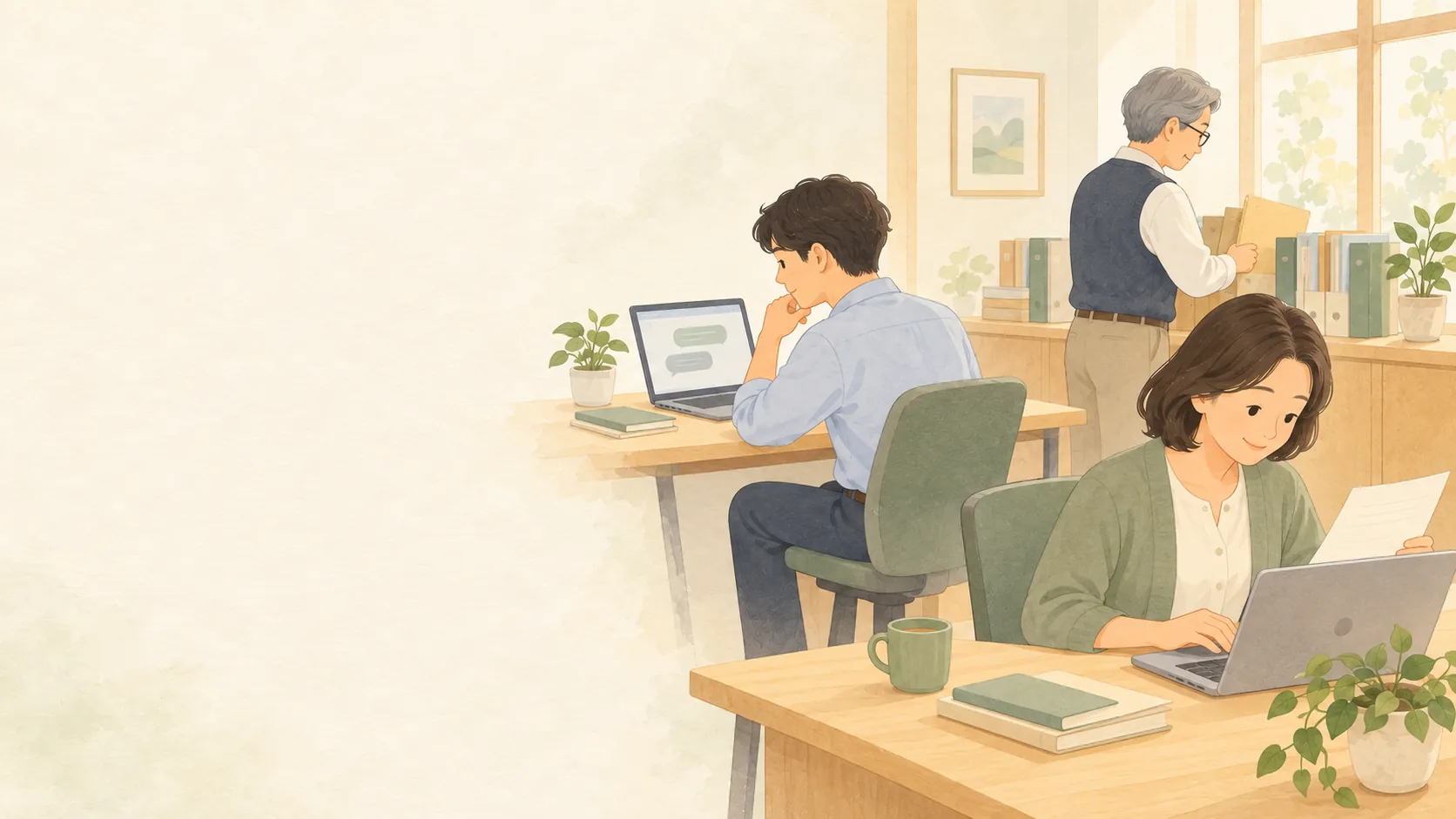 小さなオフィスで、パソコンや書類を確認する人たちのイラスト