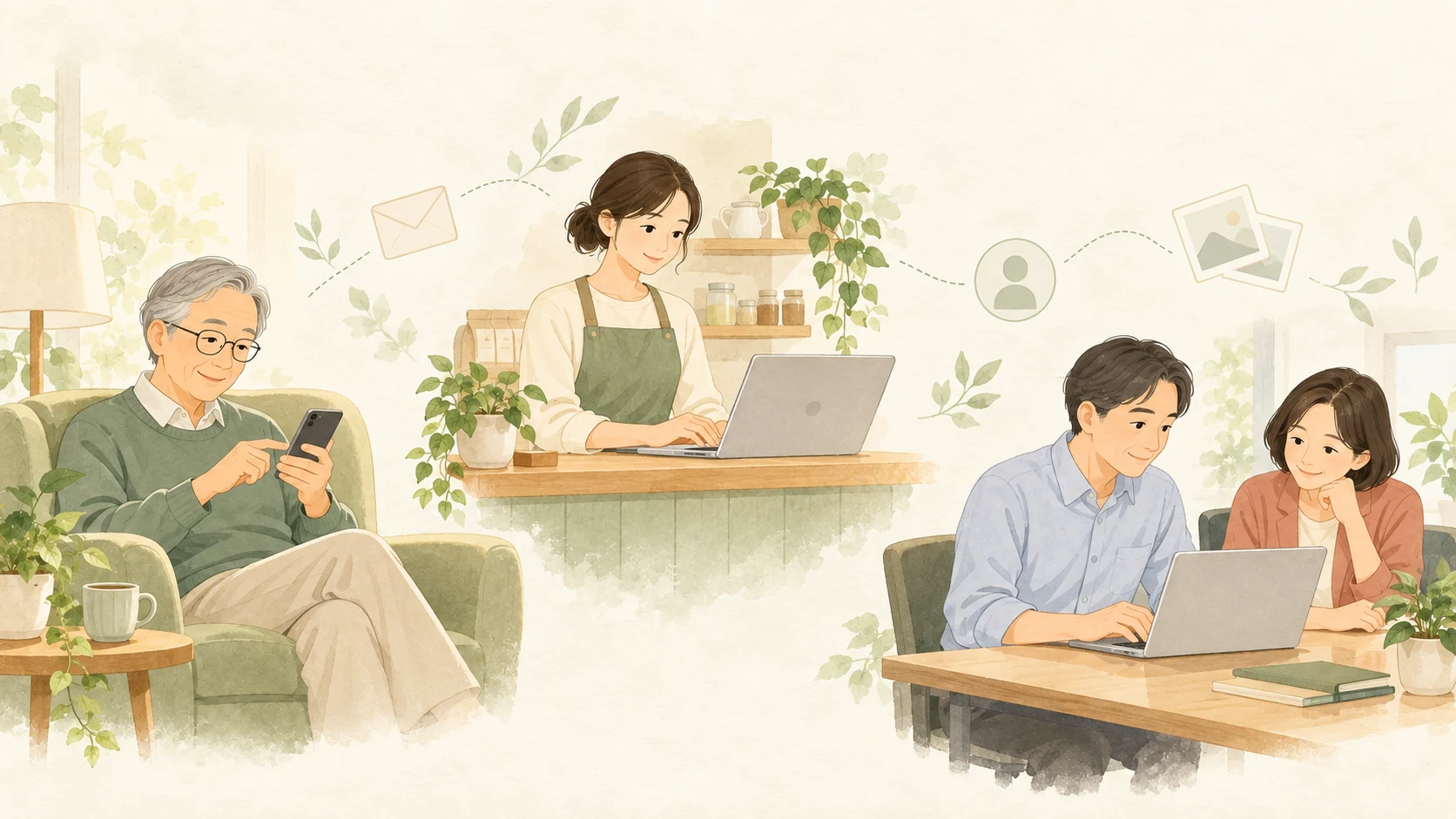 Watercolor illustration of people using a phone and laptops at home, including two people looking at a screen together. Small symbols represent messages, an account, and photos.