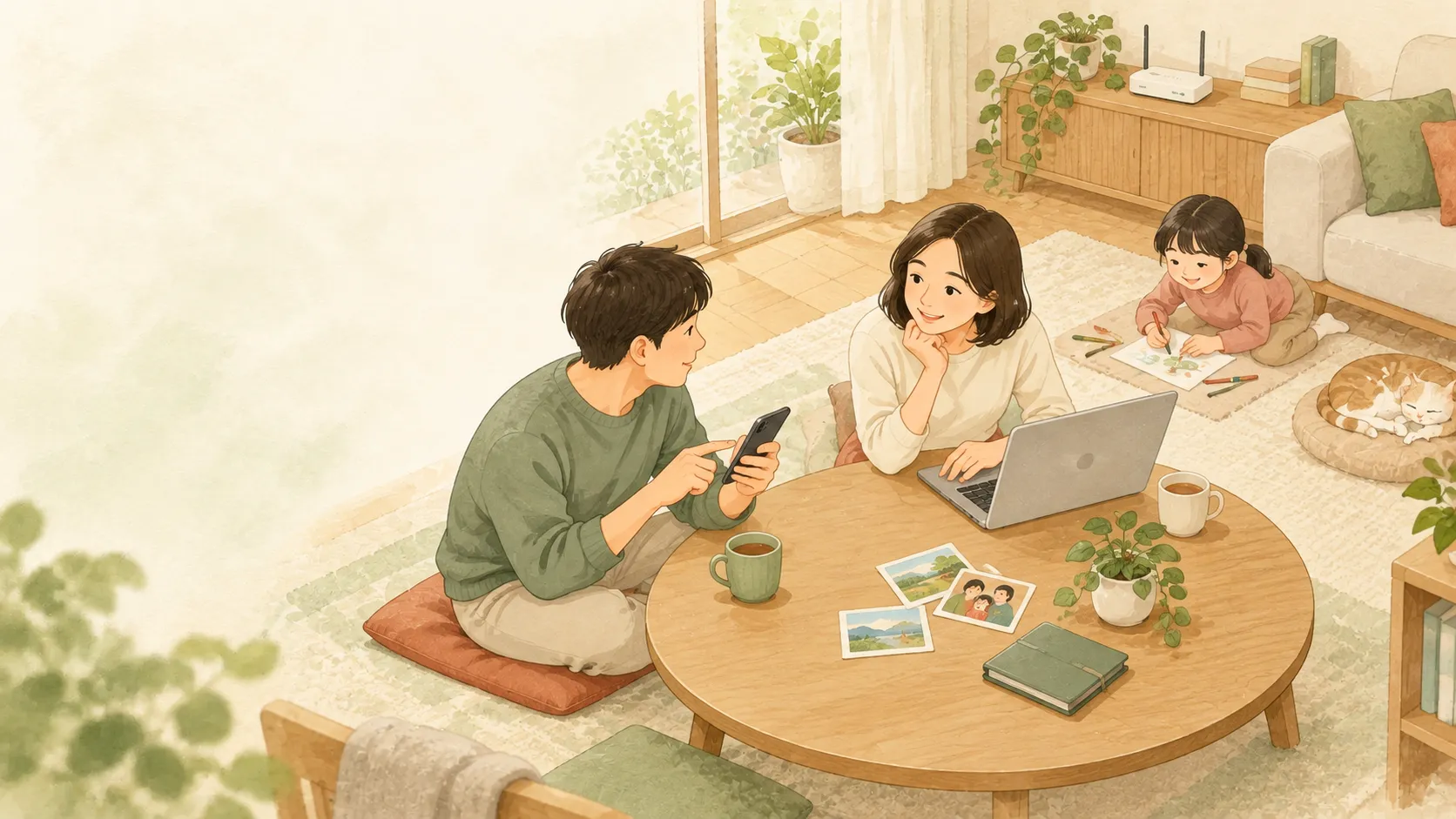 Watercolor illustration of adults using a phone and laptop at a round table, with a child drawing behind them.