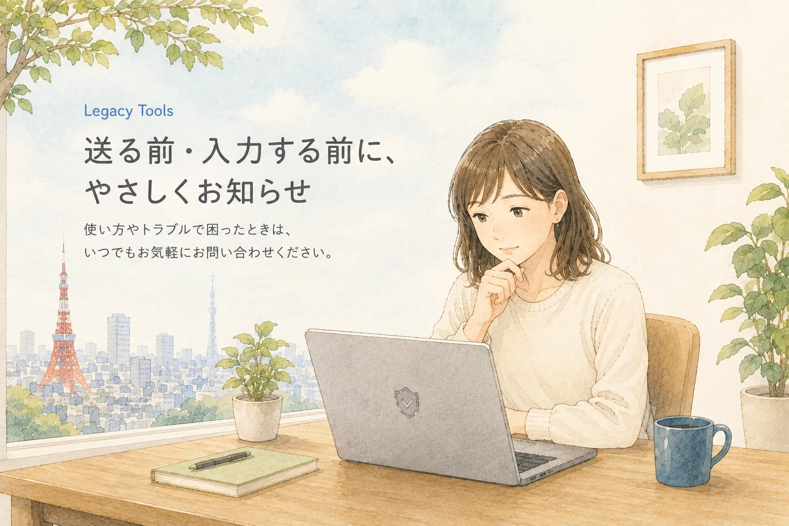 A pale watercolour. Someone in a cream sweater sits at a wooden desk by a window, a hand at their chin, looking at the screen of an open laptop. A notebook and pen, a potted plant and a dark blue mug stand on the desk, and Tokyo Tower and the Skytree rise from the city outside. Lettering on the left reads “Legacy Tools — Before you send or enter, we’re here to help. If you have any questions or run into trouble, please feel free to contact us anytime.”
