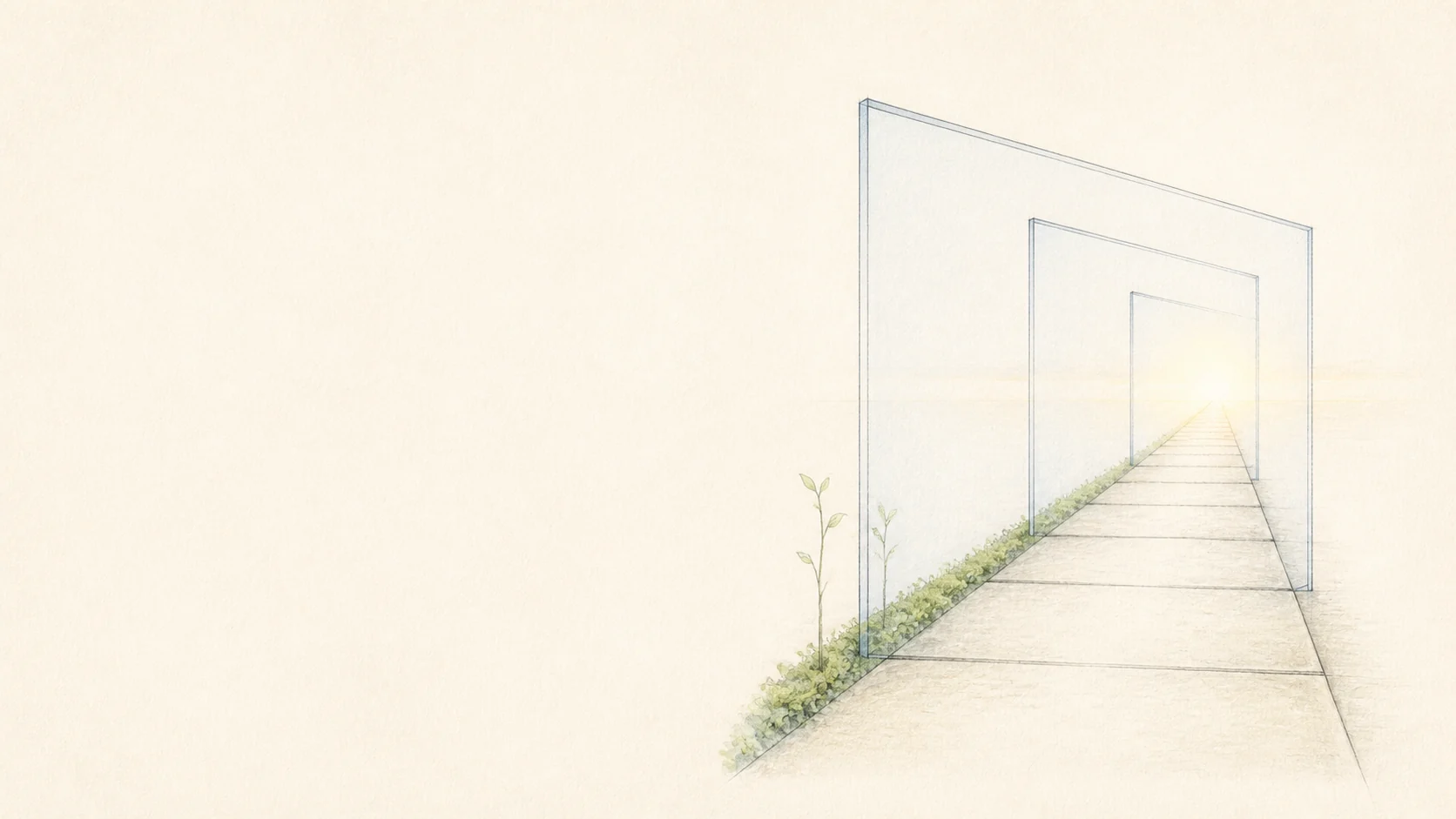 鉛筆で描かれた線画。透明なガラスの門が三つ、道に沿って奥へ並び、その先は明るく開けている。門の足元には苔と若い草が生えている。