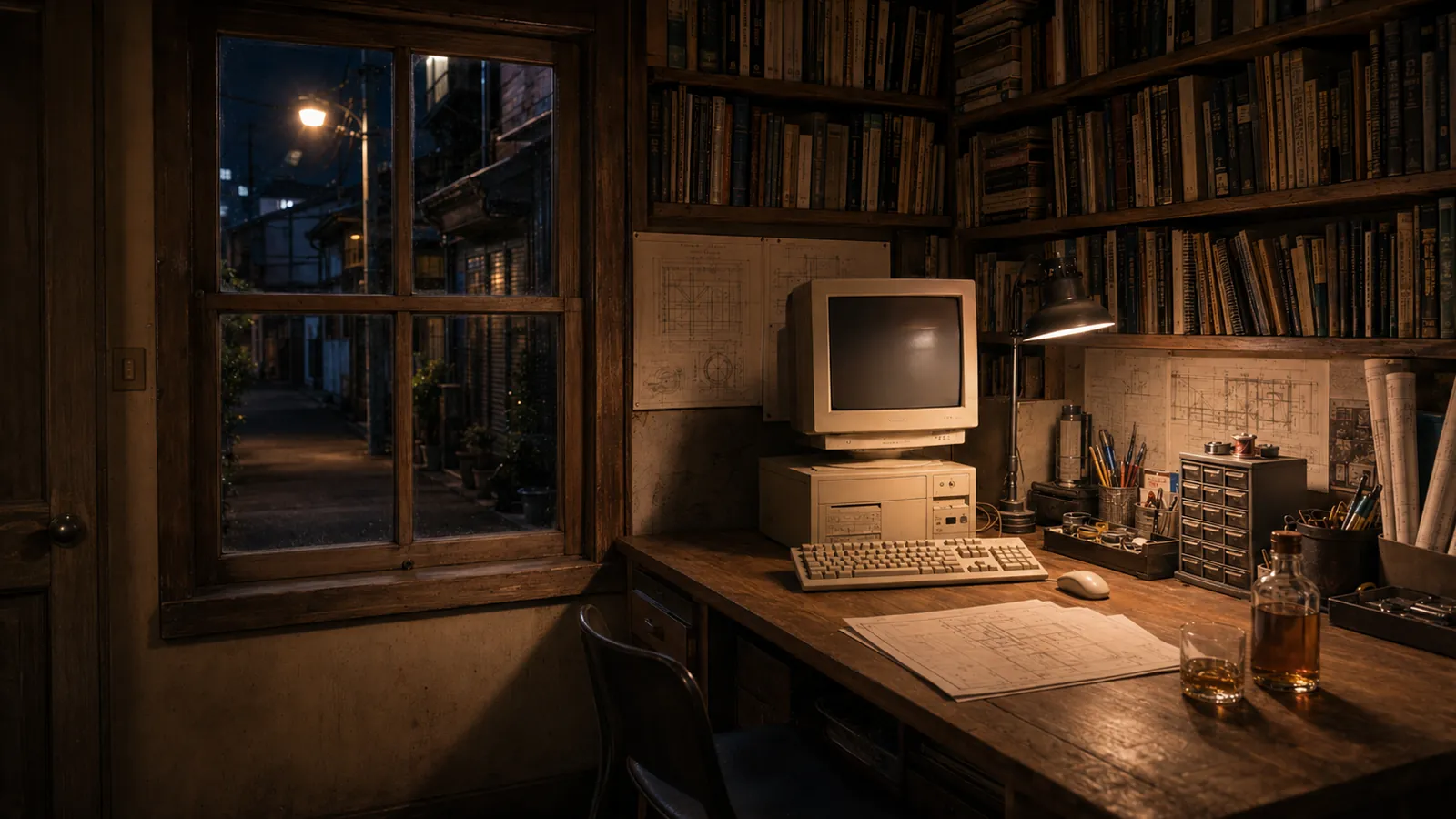 A small workspace facing an alley, at night in Tokyo