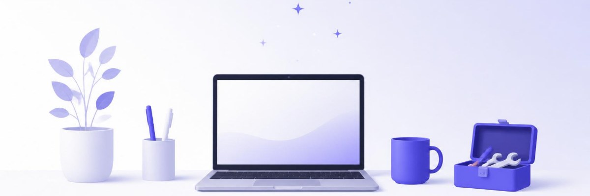 Illustration of a tidy desk with a laptop, a mug, and a small open toolbox, with gentle sparkles above the screen