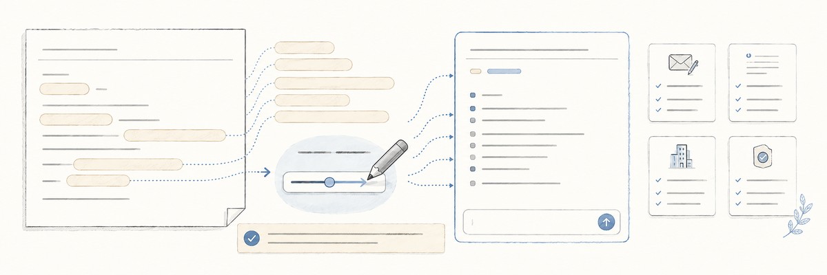 手描き風の図。左の文書で伏せられた箇所が中央で置き換えられ、右のAIチャットの入力欄へ渡る。右端には確認する4か所を表すカードが並ぶ