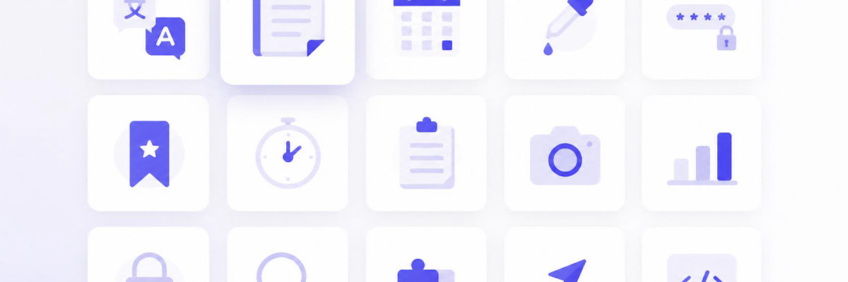 Minimal illustration of small cards arranged like a shelf, each carrying a tiny tool icon