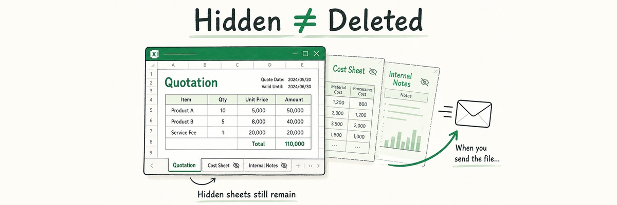 「Hidden ≠ Deleted」の見出しの下に、見積書を開いた表計算ソフトの画面。シートタブには目に斜線の付いた非表示シートが2つ並び、その中身である原価表と社内メモが画面の外に点線の枠で描かれたまま、ファイルとともに封筒へ向かっている