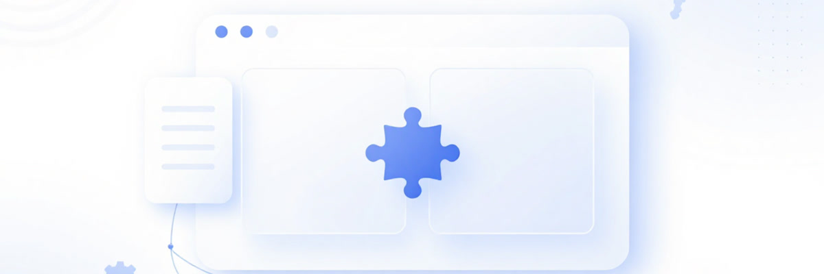Minimal illustration of a browser window divided into two panes, with a puzzle piece resting at the center and a small document connected by a thin line