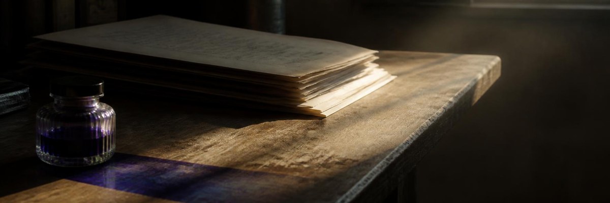 A stack of papers on a wooden desk in late afternoon light, lit only along the edges that protrude past the desk, with a glass inkwell casting a deep indigo shadow across the wood