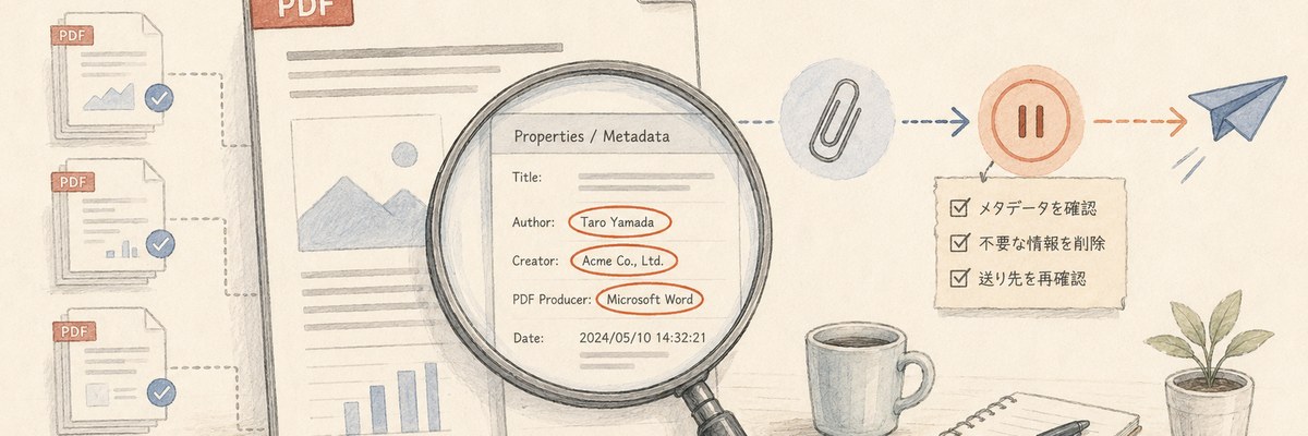 色鉛筆調のイラスト。一枚のPDFの上に大きな虫めがねが重なり、レンズの中にタイトル・作成者・作成アプリなどのプロパティの一覧が拡大されて見えている