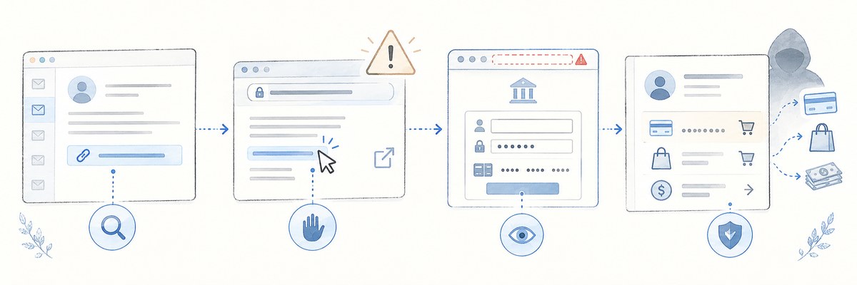 手描き風のイラスト。4つの画面が左から右へ点線の矢印でつながっている。1つ目はメールアプリで、受信一覧の隣に開かれた本文があり、リンクの行が青く囲まれている。2つ目はブラウザで、本文中のリンクにカーソルが重なってクリックされ、外部リンクの記号が並び、上に警告の三角が浮かんでいる。3つ目もブラウザだが、アドレス欄が赤い破線で囲まれて赤い警告記号が付いており、建物の記号の下に利用者名・パスワード・カード番号を入れる入力欄と送信ボタンが並んでいる。4つ目はアカウントの明細画面で、カードと買い物の行が並び、そこから右へ点線がカード・買い物袋・紙幣へ伸びていて、背後にフードをかぶった人影が立っている
