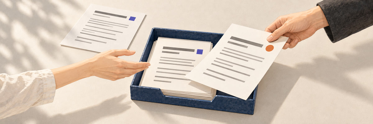 店員が手を伸ばす指示書のトレーに、別の人が異なる印の紙を差し入れる様子