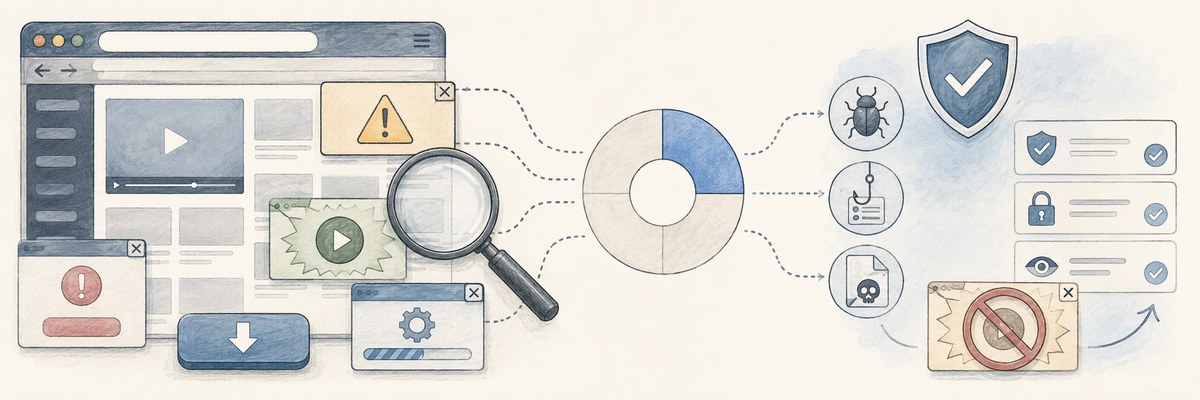 手描き風のイラスト。左はブラウザのページで、記事本体よりも広告枠のほうが場所を占めており、大きな下向き矢印のダウンロードボタン、再生ボタン付きの動画枠、警告マークの出た小窓、赤い感嘆符の小窓、設定画面のような小窓が重なっている。中央では虫めがねがそれらを映し、点線がドーナツ型の円グラフへ伸びる。円グラフは4分の1だけが青く塗られている。そこからさらに点線が右へ分かれ、虫のアイコン、釣り針とリストのアイコン、ドクロの付いた書類のアイコンに至る。右端にはチェックマークの並ぶパネルと盾が置かれている