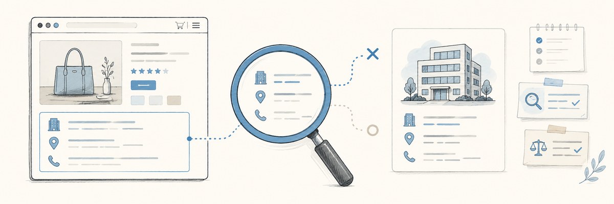 A hand-drawn illustration. On the left, an online store page where a block listing a company name, an address and a phone number sits below the product, outlined in blue. A dotted line runs from that block into a large magnifying glass in the centre, where the same three items appear enlarged. Two dotted lines leave the glass: one ends at a blue cross, the other at a pale circle. On the right, a card shows an office building above the same three items, with small notes of things to check stacked beside it