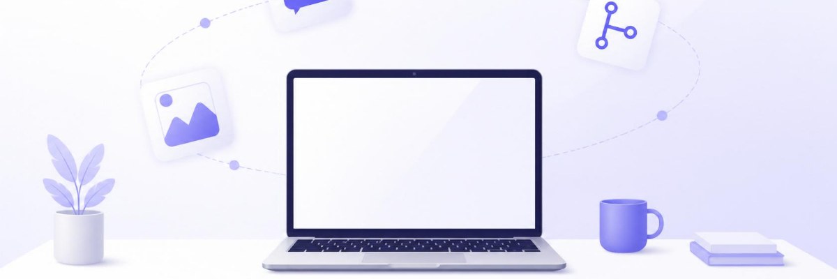 Illustration of a laptop at the center of a desk, with a speech bubble, a git branch symbol, and an image icon floating around it