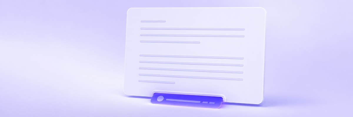 A white card standing against a pale violet background, filled with blank grey placeholder lines, with a single deep indigo bar protruding forward from its lower edge