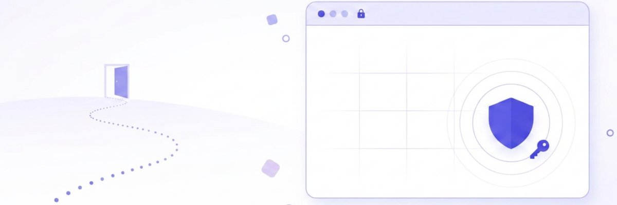 Minimal illustration of a dotted path leading to a distant doorway, beside a simplified browser window holding a small shield icon