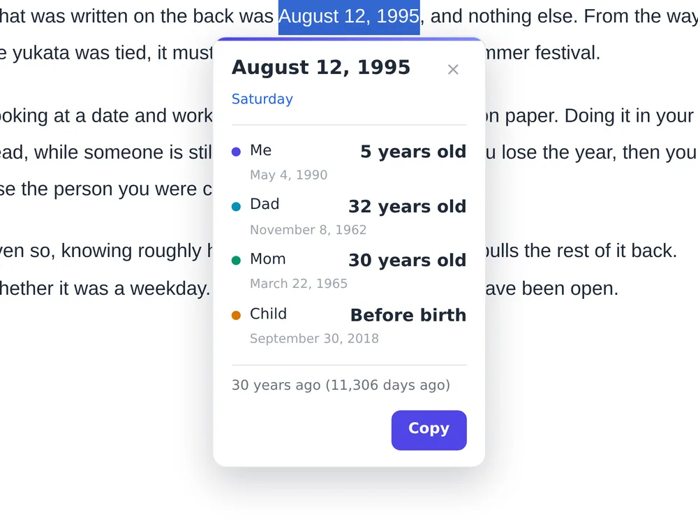 Selecting “August 12, 1995” in an article opens the Find My Age card: the date with its weekday, a list reading Me 5 years old, Dad 32 years old, Mom 30 years old and Child Before birth, and “30 years ago (11,306 days ago)”.