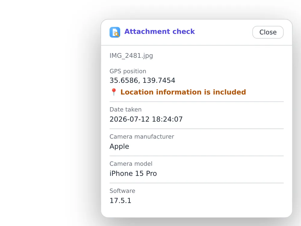 The Safe Attachment Check panel, headed “Attachment check”, open over a mail compose window and listing what a photo carries: GPS position with the note that location information is included, date taken, camera manufacturer, camera model and software.