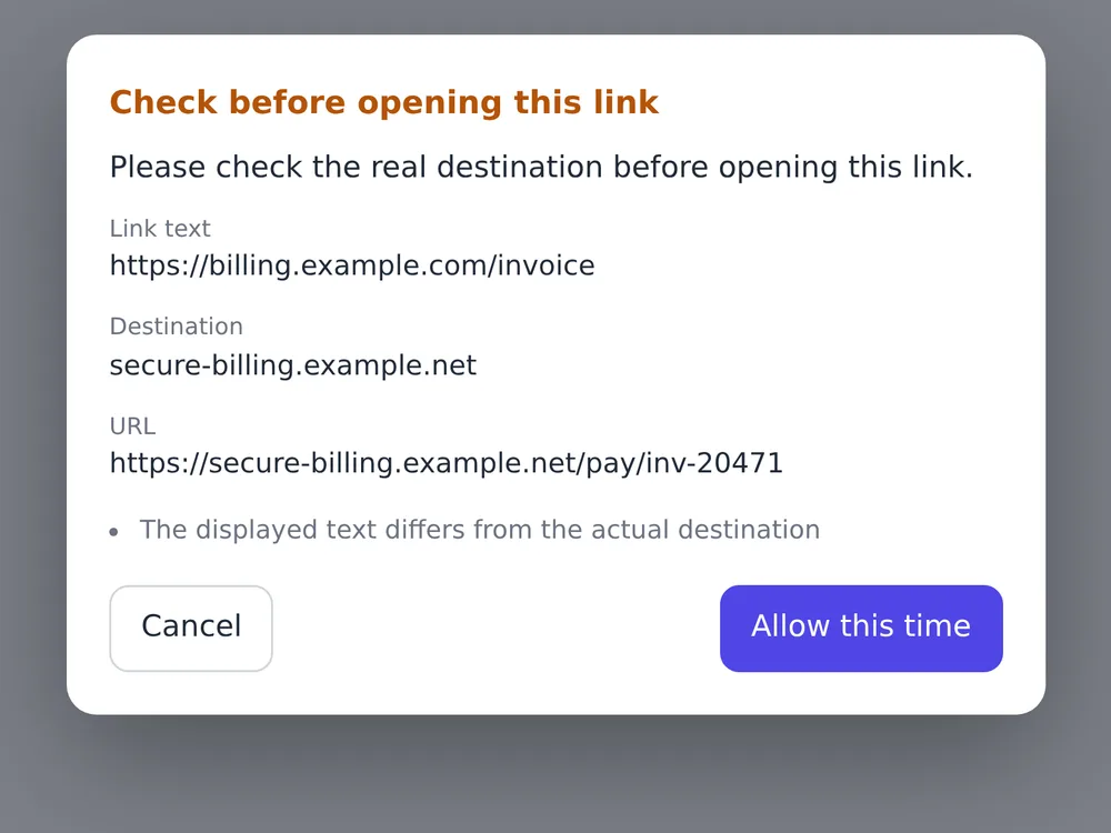 A Safe Mail Link Check confirmation dialog over an invoice notice, showing the link text next to its destination host and full URL, with the caution “The displayed text differs from the actual destination” and two buttons: Cancel and Allow this time.