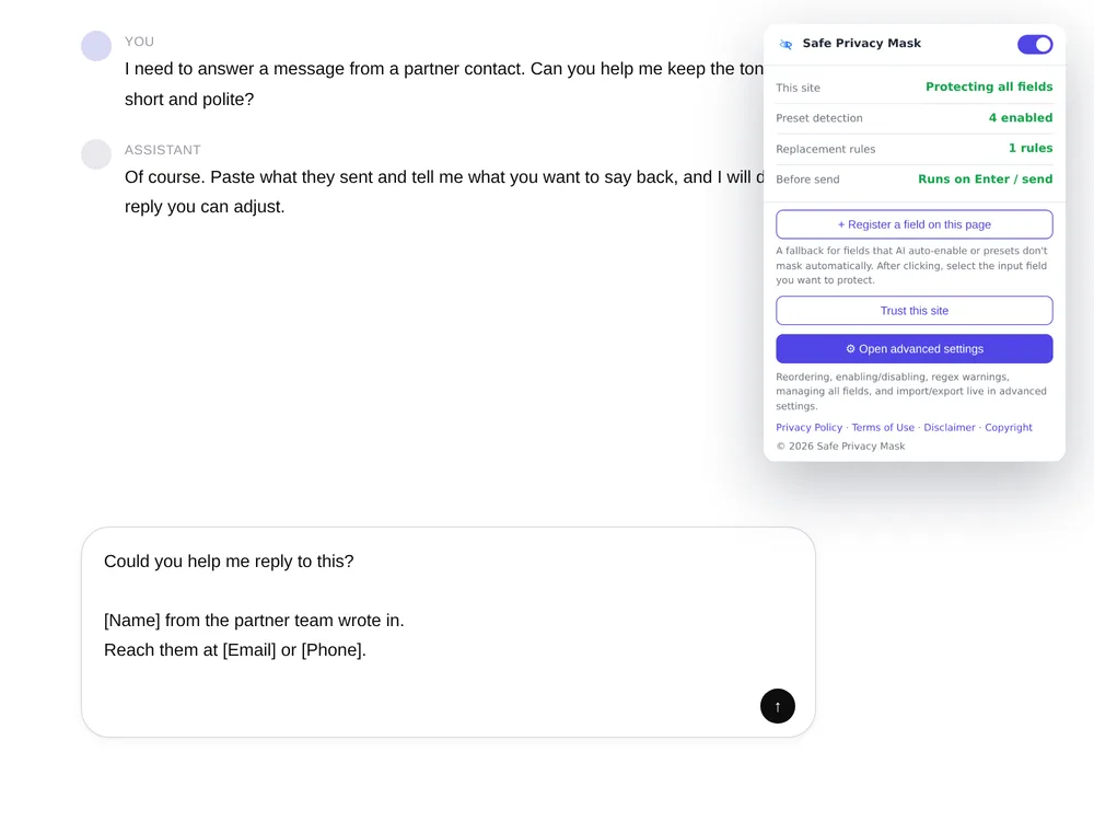 An AI chat composer where a contact name, an email address and a phone number have been replaced with [Name], [Email] and [Phone]. The Safe Privacy Mask popup floats at the top right, reading “Protecting all fields”.