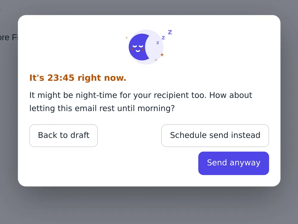 A Safe Night Check confirmation dialog over a late-night mail compose window: under an illustration of a sleeping moon, the heading “It's 23:45 right now.” and three choices — Back to draft, Schedule send instead, Send anyway.