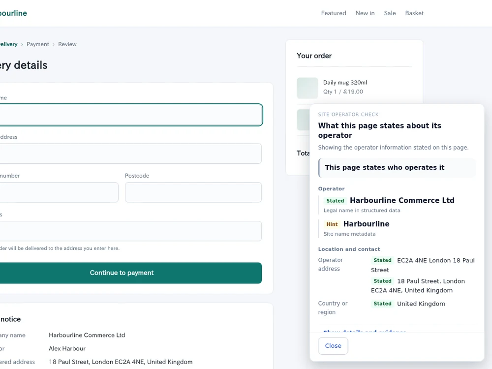 The Site Operator Check panel sits beside a shop's delivery form. Under “This page states who operates it” are the stated company name and address, and the site name as a hint.