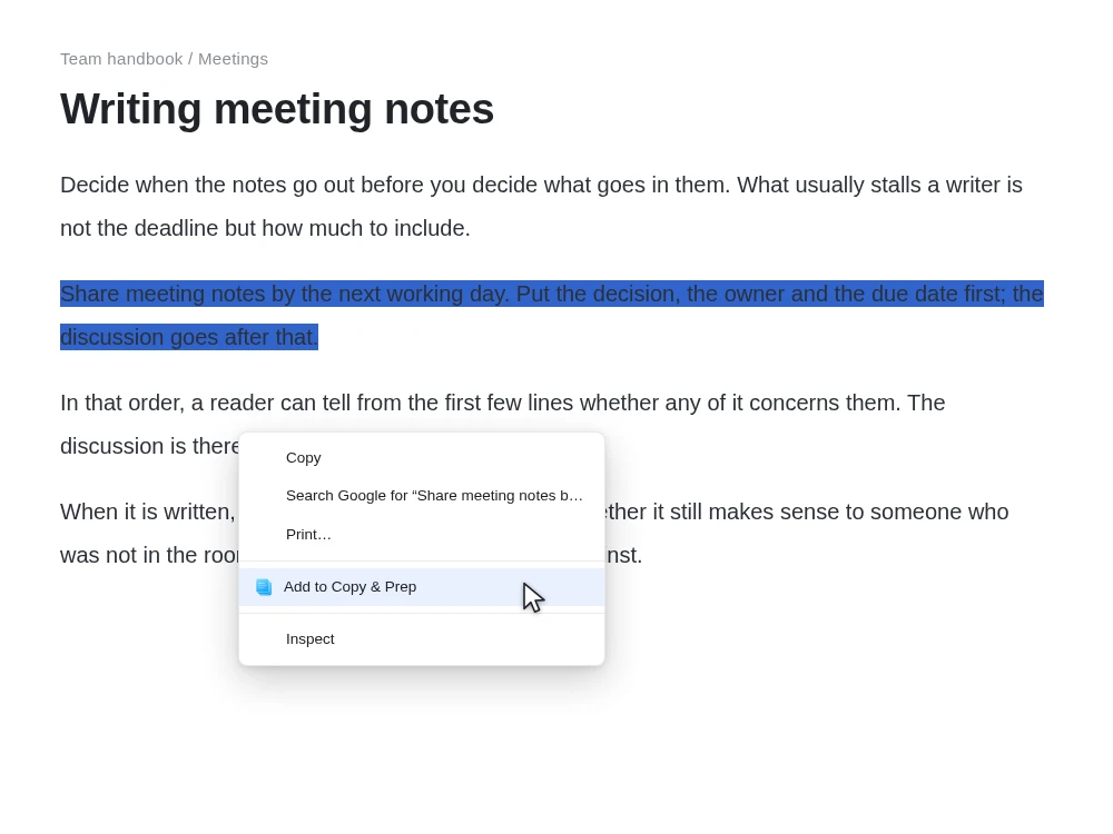 A sentence selected in a handbook article with the right-click menu open: after Copy, Search and Print comes a highlighted “Add to Copy & Prep” row carrying the extension's icon.